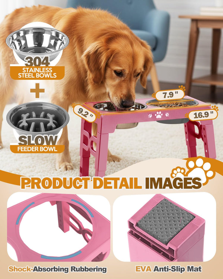 Jovrun Elevated Dog Bowls for Medium Large Size Dogs, Non-Slip Dog Feeder with 1*Stainless Steel Dishes & 1*Slow Feeder Bowl, 5 Heights Adjustable Raised Bowls to 3.15″-8.66″-9.84″-11.02″-12.2″