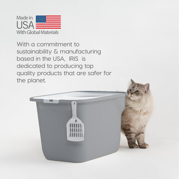 IRIS USA Cat Litter Box Large Open Top with High Sided Walls Tall Scatter Shield Scoop Included Easy Clean Plastic Pan Stain Resistant for Big Cats Kittens Indoor Multi-Cat Households