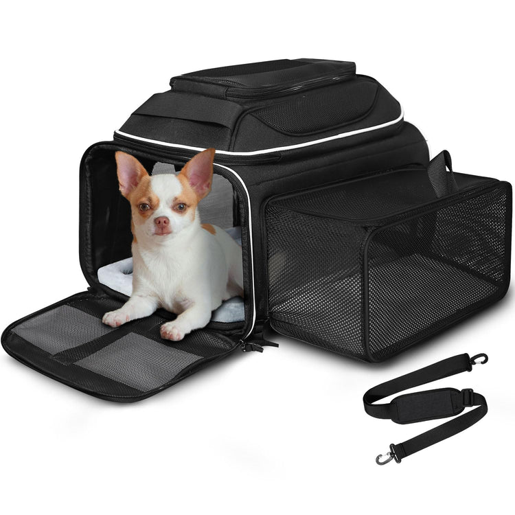 Petskd Top and Side Expandable Pet Carrier 18x11x11 Inches Delta United Airline Approved, Soft-Sided Carrier for Small Cats and Dogs with Locking Safety Zippers and Anti-Scratch Mesh(Black)
