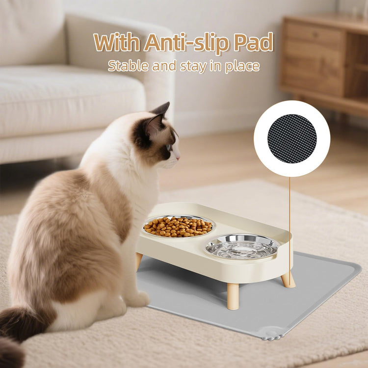 Elevated Cat Bowl, Raised Cat Food and Water Bowl Set for Indoor Cats, Splash Proof with 2 Stainless Steel Pet Food Bowls for Cats and Puppies, Whisker Fatigue and Dishwasher Safe - White