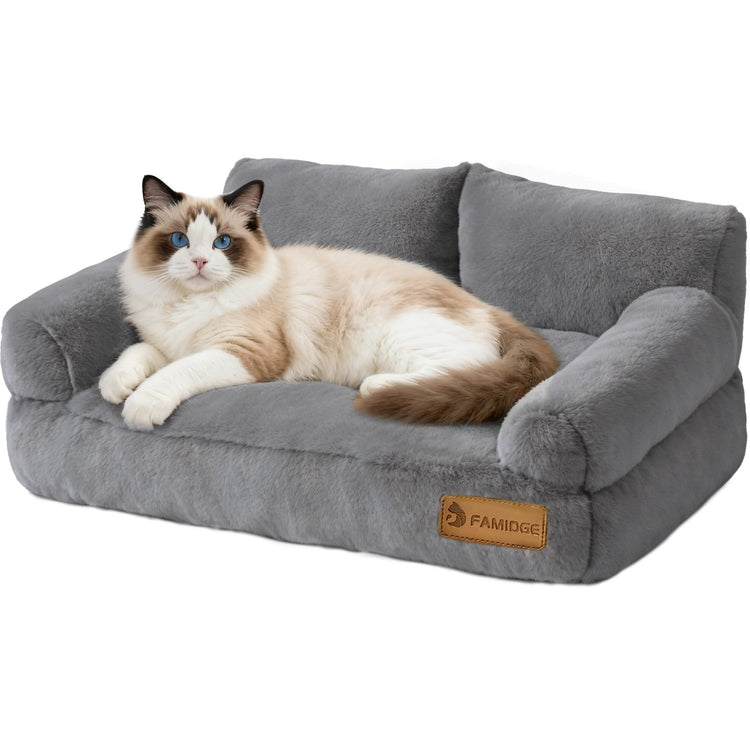 FAMIDGE Plush Cat Couch Bed - Cat Bed for Indoor Cats, Dog Sofa Bed, Short Rabbit Fleece Calming Pet Couch with Removable Cover, Anti-Shedding Pet Sofa for Small/Medium Pets (26×18×12in, Brown)
