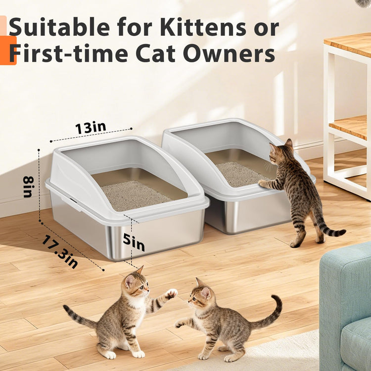 2 Pack Stainless Steel Litter Box for Kitty | Metal Kitty Litter Box with Lid High Sided for Small Cats or Injured Cats, Bunny Litter Boxes, Low Entry, Odor-Free, Non-Stick,Includes Scoop