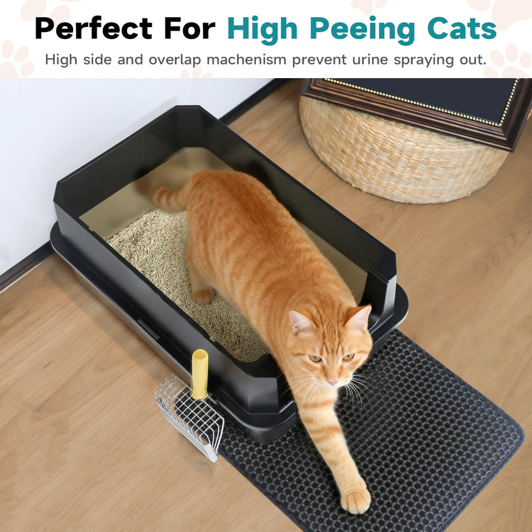 TENTIZON Stainless Steel Cat Litter Box with Lid, Large Covered Enclosed Kitty Litterbox with Hood, Flip Top, High Side, Litter Mat, Scoop for Big Cats, Kitten, No Odor, No Mess, Easy Clean, Grey