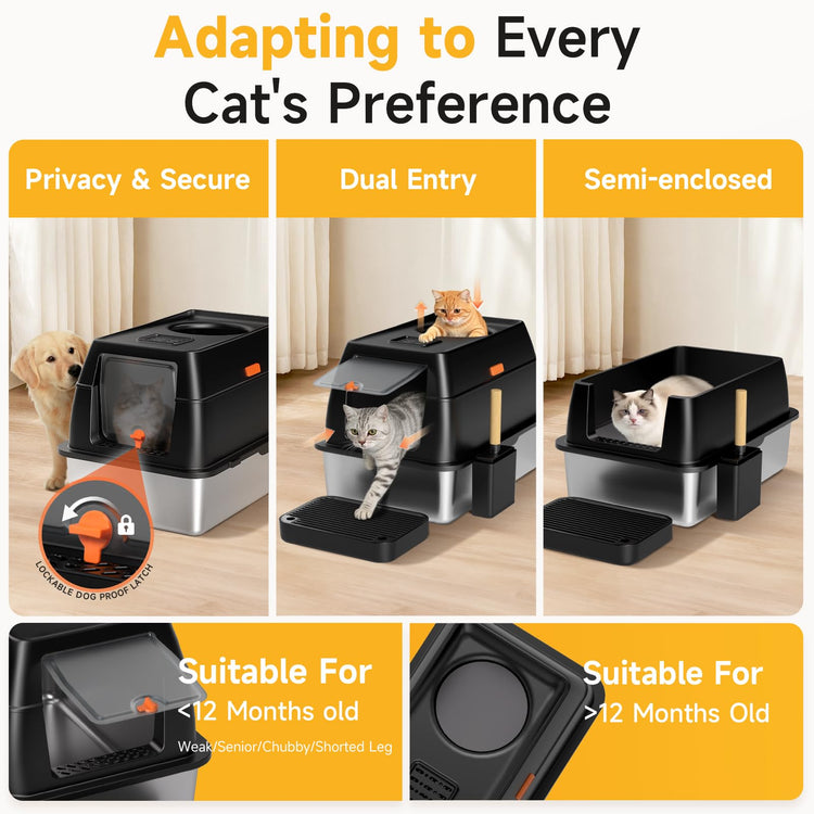 Extra Large Stainless Steel Litter Box with Lid, High Sided Enclosed Metal Cat Litter Pan, Dog Proof Front Entry Top Exit, Odor Control Easy Clean Leak Proof, Includes Scoop & Step, Black