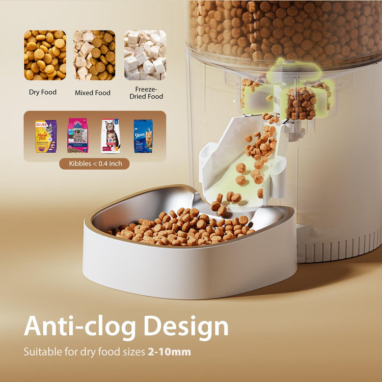 IMIPAW Automatic Cat Feeders, Timed Cat Dry Food Dispenser with Desiccant Bag, Dual Power Supply, Programmable Portion Size, 6 Meals, 20 Portions Per Day, Auto Pet Feeder for Cats and Small Dog, White
