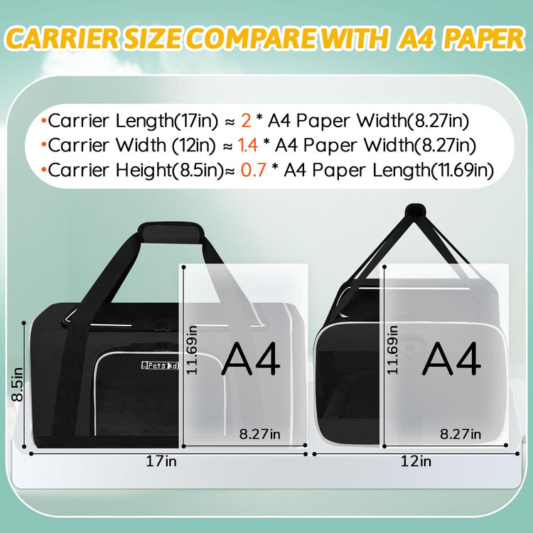 Petskd Pet Carrier 17x11x9.5 Alaska Airline Approved,Pet Travel Carrier Bag for Small Cats and Dogs, Soft Dog Carrier for 1-10 LBS Pets,Dog Cat Carrier with Safety Lock Zipper(Black)