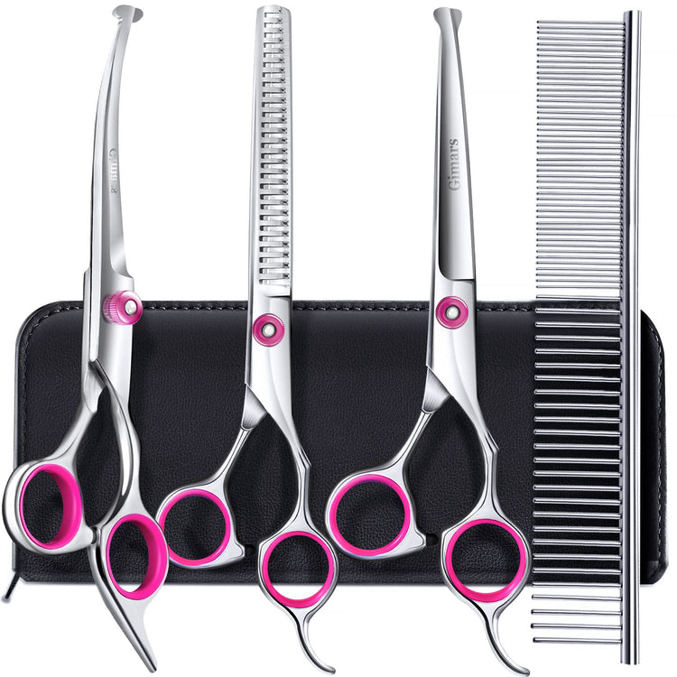 Gimars Titanium Coated Professional 6 in 1 4CR Stainless Steel Dog Grooming Scissors with Safety Round Tip, Heavy Duty Pet Grooming Scissor for Dogs, Cats and Other Animals