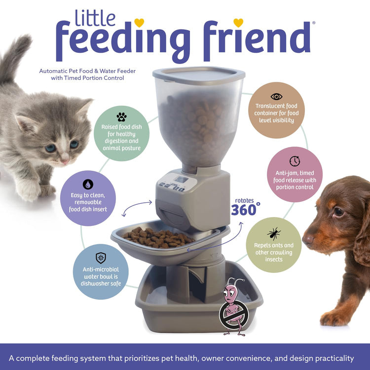 Feeding Friend® Automatic Dog & Cat Food Feeder with Water Dispenser –Smart Pet Feeder with Portion Control, OLED Display, Anti Jam Design, Battery Operated Dispenser for Small - (XS) Pets 4-15 Taupe