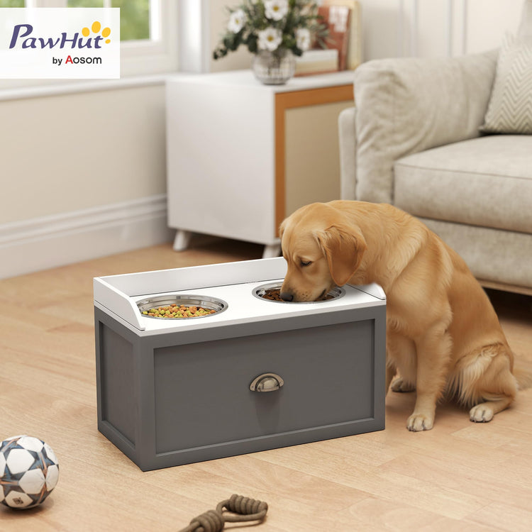 PawHut Dog Feeding Station with Storage Drawer, Dog Food Storage Cabinet with 2 Removable Elevated Pet Bowls for Large Sized Dogs, Coffee