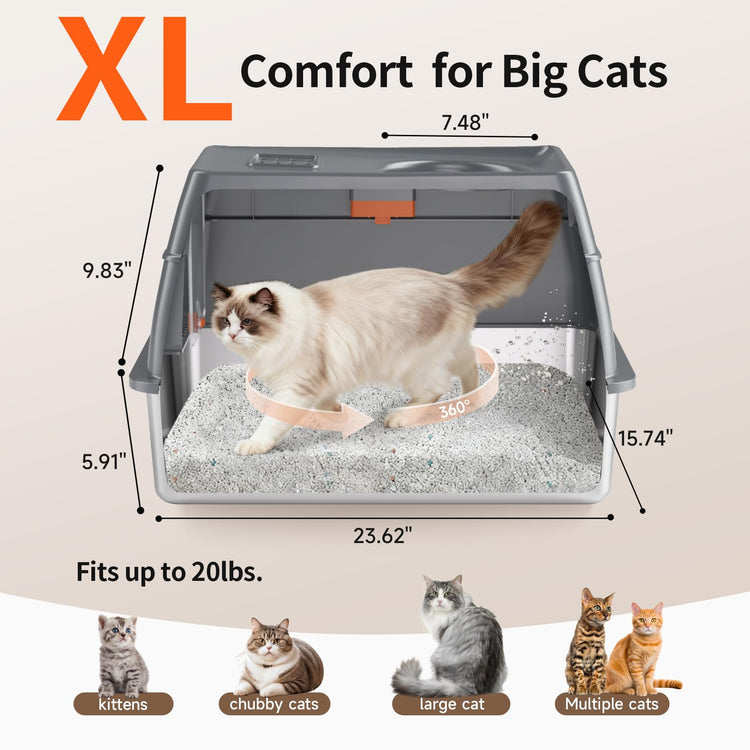 Extra Large Stainless Steel Litter Box with Lid, High Sided Enclosed Metal Cat Litter Pan, Dog Proof Front Entry Top Exit, Odor Control Easy Clean Leak Proof, Includes Scoop & Step, Black