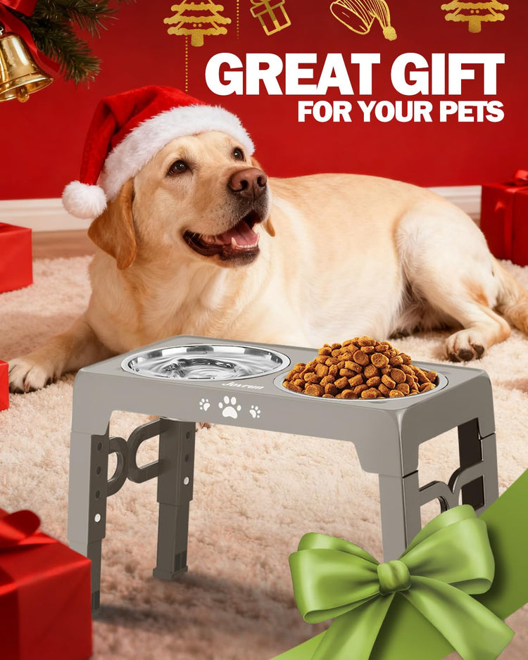 Jovrun Elevated Dog Bowls for Medium Large Size Dogs, Non-Slip Dog Feeder with 1*Stainless Steel Dishes & 1*Slow Feeder Bowl, 5 Heights Adjustable Raised Bowls to 3.15″-8.66″-9.84″-11.02″-12.2″