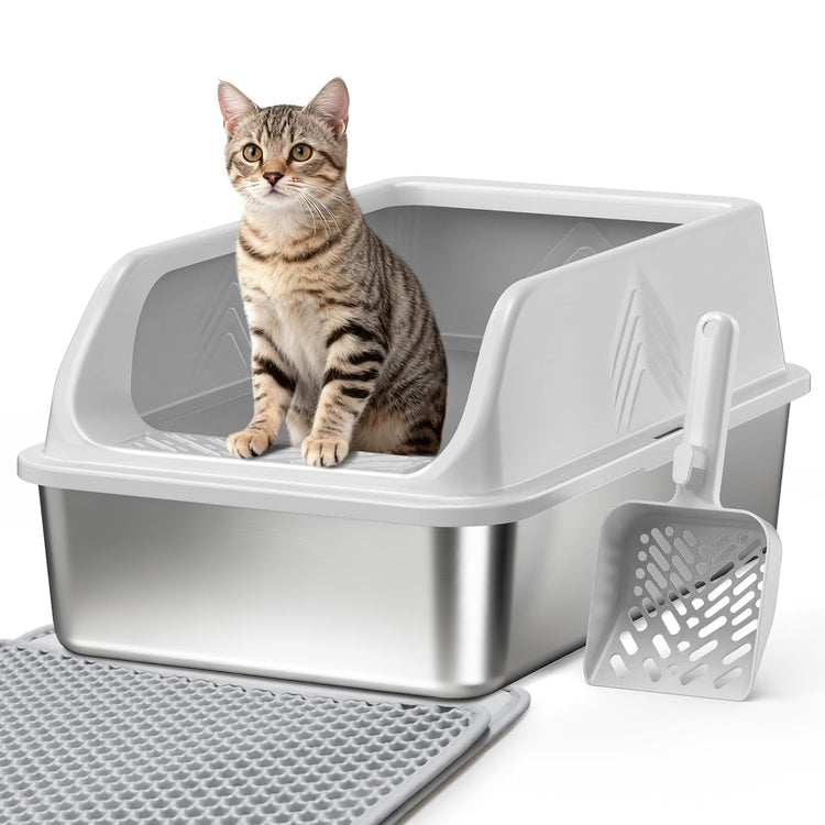 2 Pack XL Stainless Steel Litter Box, Metal Cat Litter Boxes with Lid, High Sided Enclosed Litter Boxes for Big Cat and Multiple Cats, Anti-Urine Leakage | Non-Stick Bottom & Includes Scoop