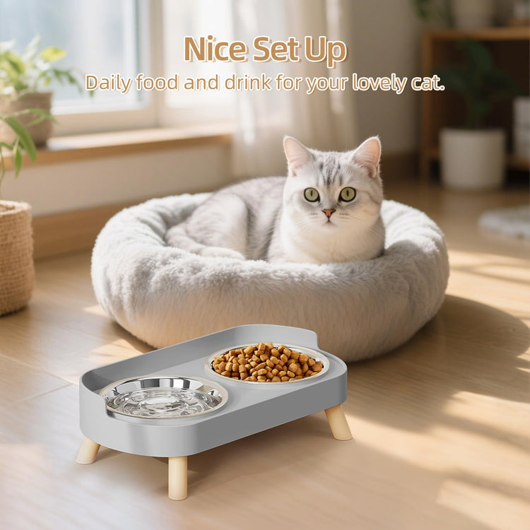 Elevated Cat Bowl, Raised Cat Food and Water Bowl Set for Indoor Cats, Splash Proof with 2 Stainless Steel Pet Food Bowls for Cats and Puppies, Whisker Fatigue and Dishwasher Safe - White