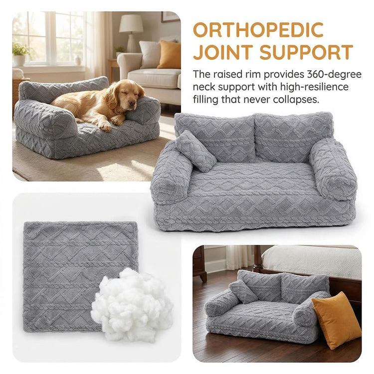 Plush Calming Pet Sofa Bed, 6 Sizes Large Fluffy Dog Cat Couch Beds Plush for Indoor, Raised Rim, Removable Cover & Non-Slip Bottom for Cats and Dogs of Any Size (Dark Grey, Small)