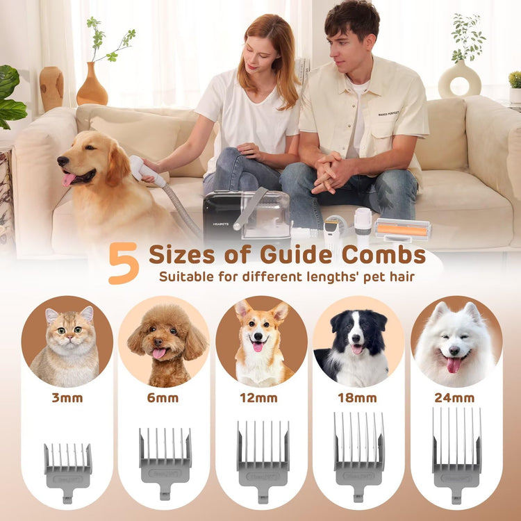 HEAPETS Dog Grooming Vacuum Kit - 3L Vacuum with 7 Tools, Low Noise Electric Clipper and Brush for Pet Shedding at Home, Black
