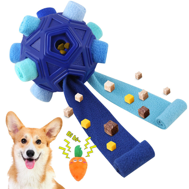 Dog Snuffle Ball-Interactive Puzzle Dog Toys Encourage Natural Foraging Skills Slow Feeder for Training and Stress Relief, Cloth Strip Hiding Food Chew Toys with Squeaky Carrot Toy for Any Size