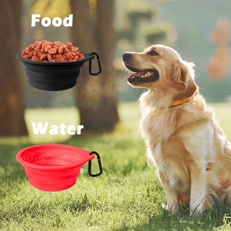 PetBonus 2-Pack Silicone Collapsible Dog Bowls, BPA Free Dishwasher Safe, Portable Foldable Expandable Travel Bowl, Food Water Feeding Cup Dish for Dogs Cats with 2 Carabiners (Turquoise, Tan)