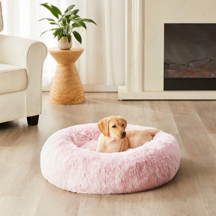 WNPETHOME Calming Dog Bed & Cat Bed, Anti-Anxiety Donut Small Dog Bed, Fluffy Faux Fur Cats Cushion Puppy Bed for Small Pets and Cats (24 x 24 inch, Light Coffee)