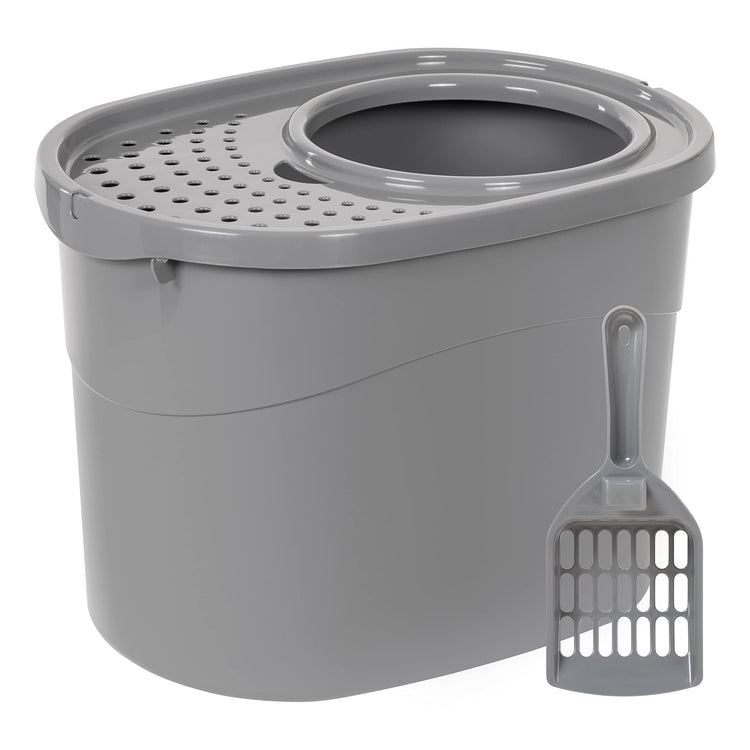 Amazon Basics Large Cat Litter Box with High Sides, Open Top for Easy Access, Includes Scoop with Storage, 19" x 15" x 11.75", Grey/Beige