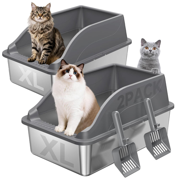 2PACK Stainless Steel Cat Litter Boxes, XL Large Metal Litter Box with High Sides Lid, Odor Free Litter Pan Include Scoop Easy Cleaning Anti-Scratch Kitty Cat Box Anti-Urine Leakage, Non-Sticky