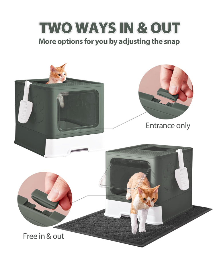 Medario Cat Litter Box with Litter Mat and Scoop, Large Covered Litter Box with Lid, Enclosed Kitty Box, Front Entry Top Exit, Odor Control, Easy to Clean (Grey)