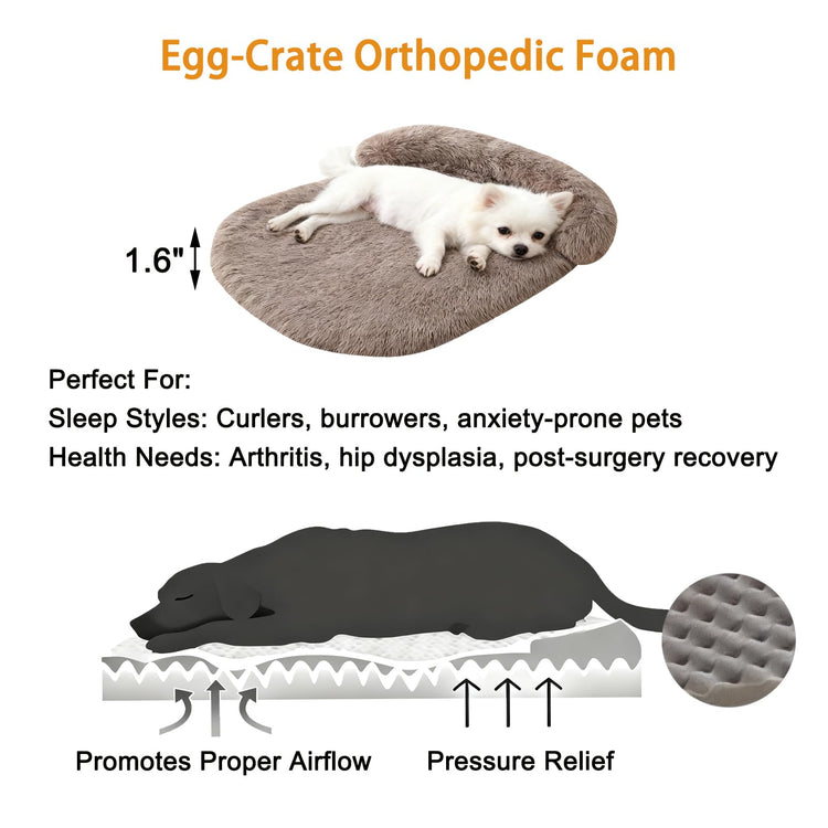 Orthopedic Dog Bed with Egg-Crate Base, Calming Dog & Cat Beds Long Plush with Raised Edges, Spine Friendly Pet Sleeping Mat for Small Medium Dogs, Machine Washable (Oval, Beige 26"x20")