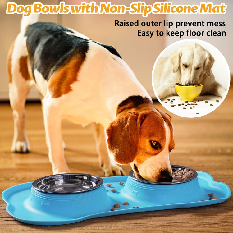 Hubulk Pet Dog Bowls 2 Stainless Steel Dog Bowl with No Spill Non-Skid Silicone Mat + Pet Food Scoop Water and Food Feeder Bowls for Feeding Small Medium Large Dogs Cats Puppies (Small, Blue)
