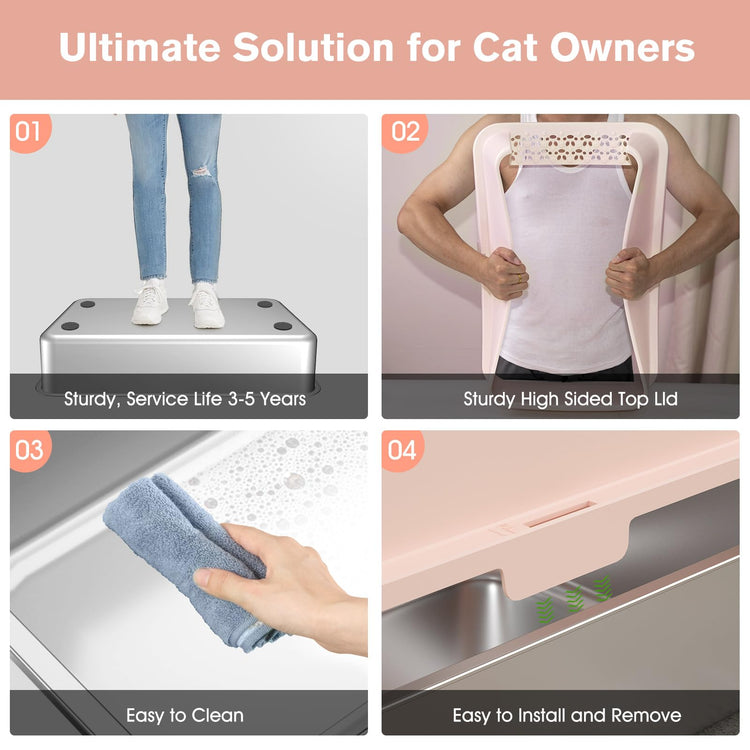 2PACK Stainless Steel Cat Litter Box with High Sides Lid, Extra Large XL Litter Box for Big Cats, Metal Kitty Litter Boxes with Anti-Leakage Enclosure,Non-Stick,Odorless,Scoop Included