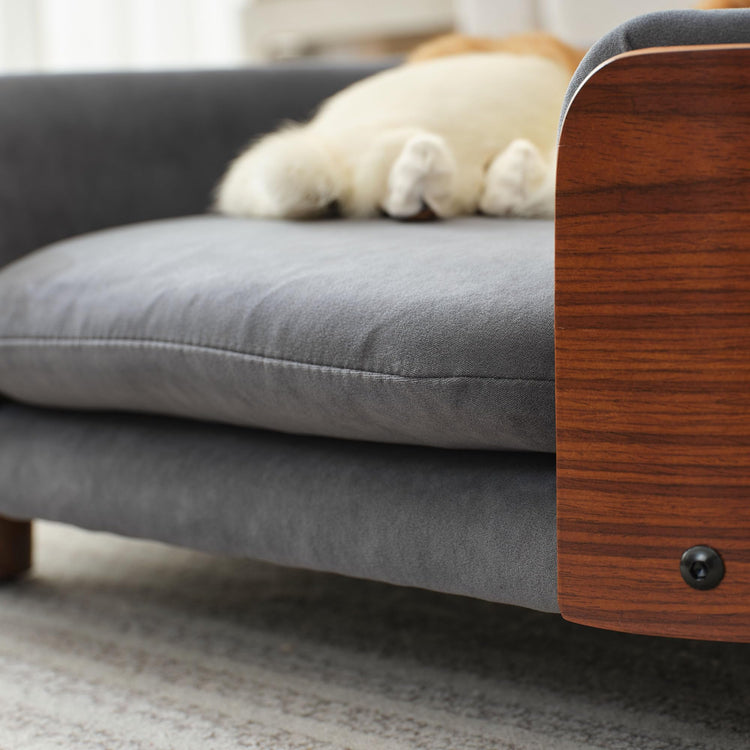 Elevated Dog Bed Pet Sofa with Solid Wood Legs and Bent Soft Backrest, Pet Cat Stool Bed with Velvet Cushion,for Small and Medium Size Dogs Kitten, Dark Gray, Small Size
