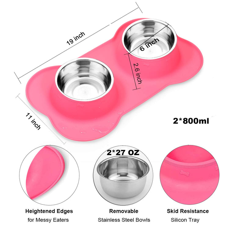 AsFrost Dog Food Bowls Stainless Steel Pet Bowls & Dog Water Bowls with No-Spill and Non-Skid, Feeder Bowls with Dog Bowl Mat for Dogs Cats and Pets-Pink, 24 0z in Total