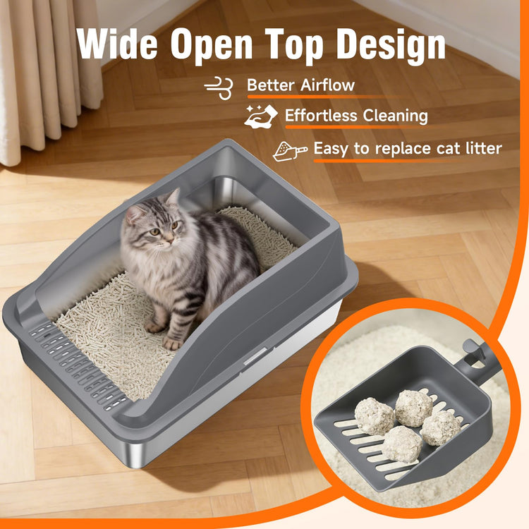 2PACK Stainless Steel Cat Litter Boxes, XL Large Metal Litter Box with High Sides Lid, Odor Free Litter Pan Include Scoop Easy Cleaning Anti-Scratch Kitty Cat Box Anti-Urine Leakage, Non-Sticky
