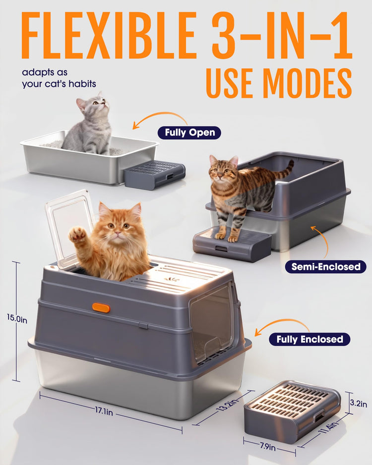 Powools Cat Litter Box - Stainless Steel Litter Box with Lid for Kitty, Metal Base Enclosed Cat Box with Litter Scoop, Elevated Step Box, Activated-Carbon Pack, 17.1" x 13.2" x 15", Grey