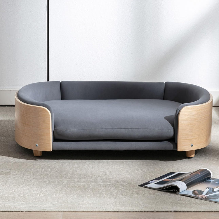 Elevated Dog Bed Pet Sofa with Solid Wood Legs and Bent Soft Backrest, Pet Cat Stool Bed with Velvet Cushion,for Small and Medium Size Dogs Kitten, Dark Gray, Small Size