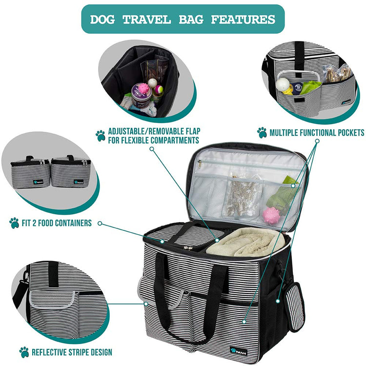 PetAmi Dog Travel Bag Organizer, Pet Travel Kit with 2 Food Containers & 2 Collapsible Dog Bowls, Pet Supplies Tote with Luggage Sleeve, Weekend Road Trip Camping Essentials, Dark Gray, Medium