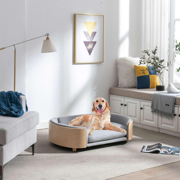 Velvet Dog Bed Pet Sofa with Solid Wood Legs and Bent Wood Back, Stain-Resistant Cushion in Multiple Colors - Luxury Pet Furniture for Cats and Dogs, Dark Grey