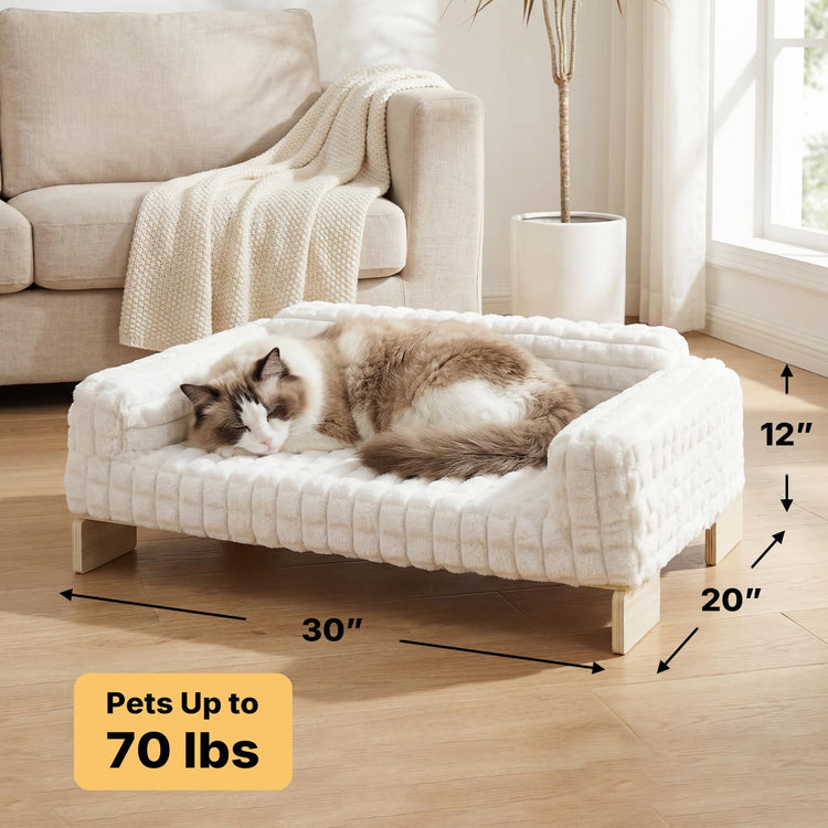 Veehoo Elevated Cat Bed Indoor, Wood Furniture Style Cat Couch Sofa with Removable Washable Cover, Cute & Fluffy Small Cats Bed Furniture for Home