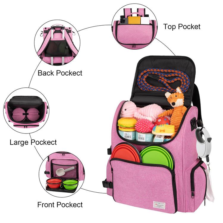Modoker Dog Travel Bag Backpack, Airline Approved Pet Accessories Organizer for Dog and Cat with Shoulder Strap, 2 Dog Food Storage Containers, 2 Collapsible Dog Bowls,1 Pet Mat, Grey