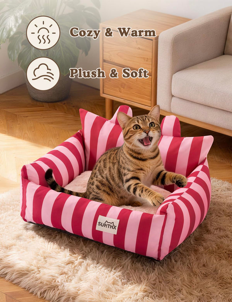 Cat Couch, Reversible Pet Bed for Indoor Cats – 2-Sided Cat Sofa with Oxford Fabric and Plush Fleece, Washable Small Dog Couch for Puppies and Senior Pets, Non-Slip Bottom, 28 inch, Pink Brown