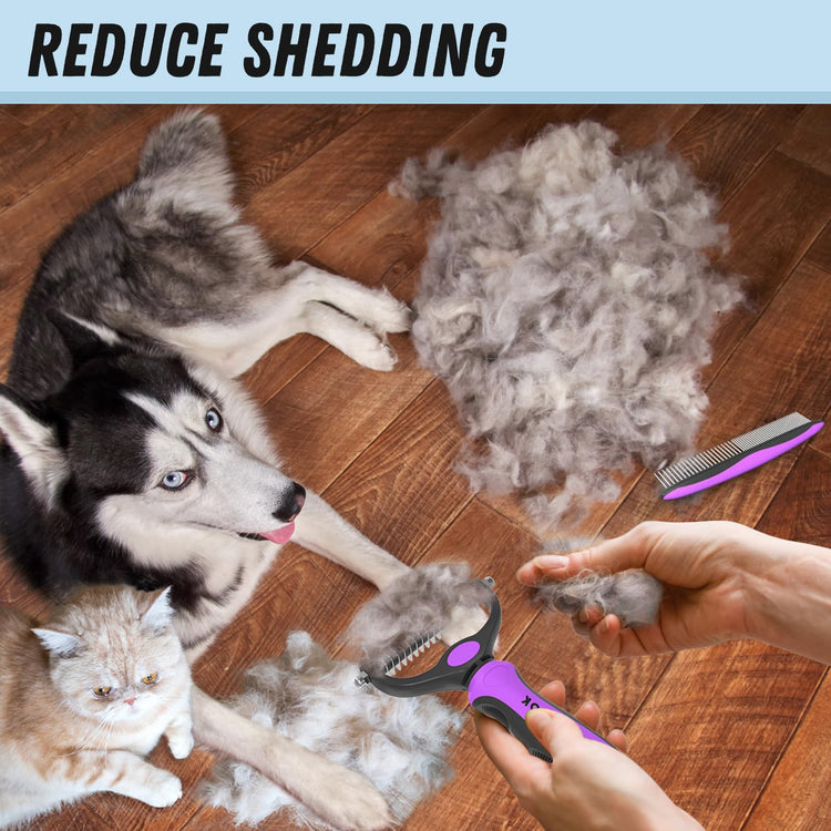Docrok Pet Grooming Combo - Blue Deshedding Brush with Metal Comb for Detangling and Dematting Long, Matted Fur on Cats and Dogs