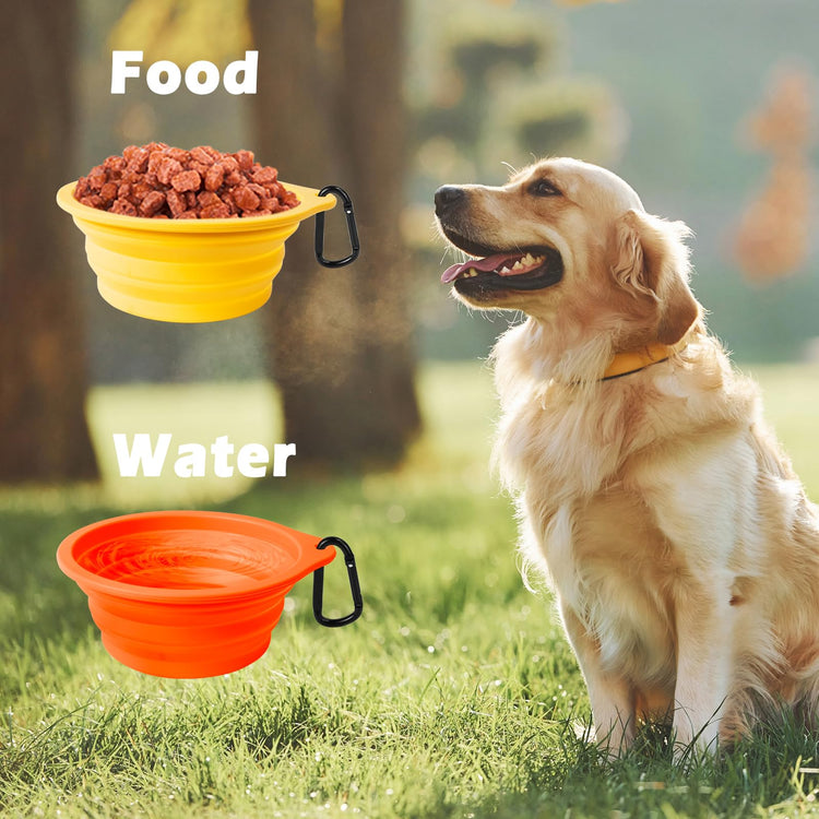 PetBonus 2-Pack Silicone Collapsible Dog Bowls, BPA Free Dishwasher Safe, Portable Foldable Expandable Travel Bowl, Food Water Feeding Cup Dish for Dogs Cats with 2 Carabiners (Turquoise, Tan)