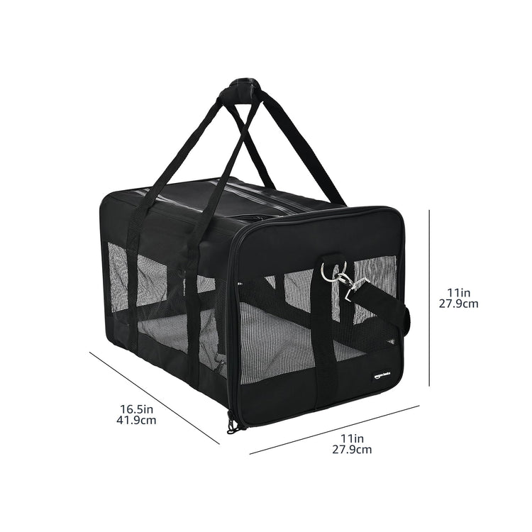 Amazon Basics Airline Approved Soft-Sided Mesh Pet Travel Carrier with Shoulder Strap, Removable Washable Fleece Pad, Top Opening, Ventilation for Dog, Cat, up to 22 pounds, 19.7Lx12Wx12H in., Black