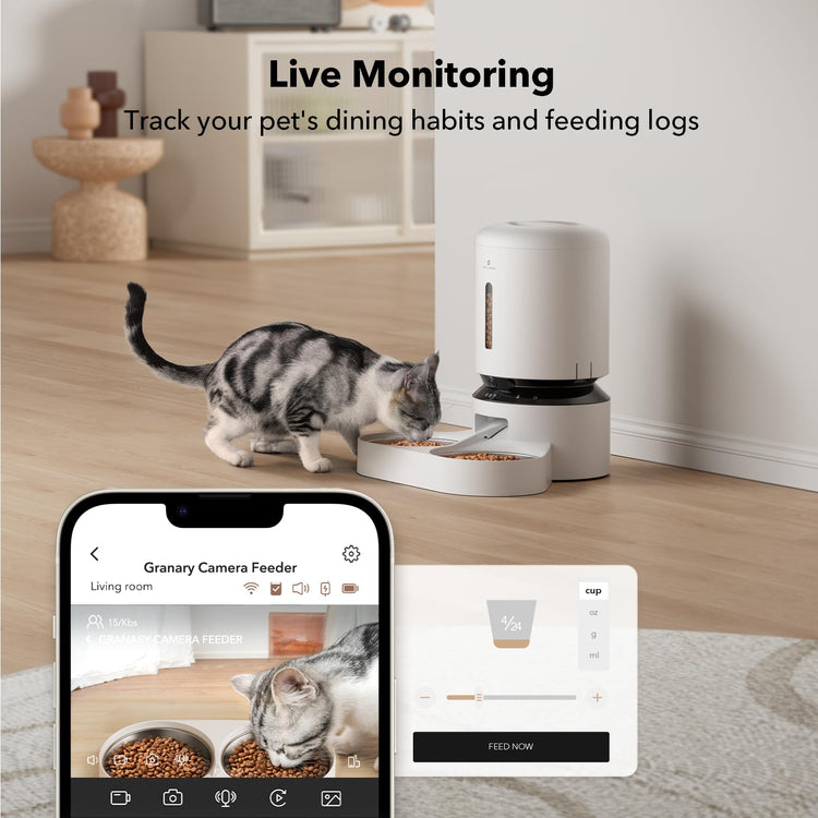 PETLIBRO Automatic Cat Feeder, Automatic Dog Food Dispenser with Freshness Preservation, 5L Timed Pet Feeders for Dry Food, Up to 6 Meals Per Day, Granary 5L Basic Button Type White