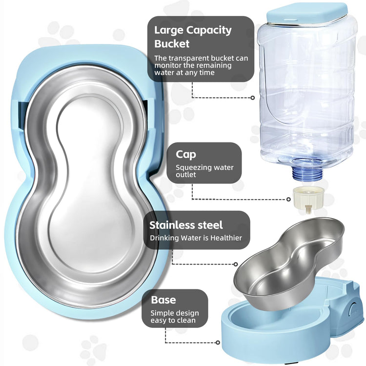 Automatic Cat Feeder and Water Dispenser with Stainless Steel Bowl Dog Gravity Food Feeder and Waterer for Small Medium Pets Puppy Kitten 1 Gallon x 2