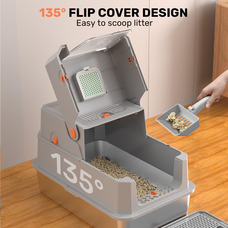 Stainless Steel Litter Box with Lid, Anti-Leakage Enclosed Metal Litter Box, Flip-Top Extra Large Kitty Litter Pan with Scoop & Pedal, Odor Free, Front & Top Dual Entry, Black