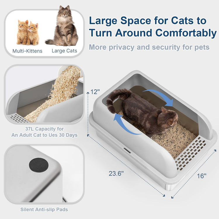 Extra Large Stainless Steel Litter Box with Lid, High Sides Enclosed Cat Litter Box for Big Cats & High Peeing, Anti-Leak & Odor Control Metal Litter Pan, Easy Clean Non-Stick Kitty Litter Box