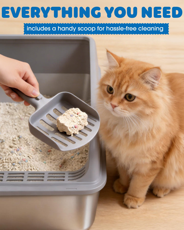 Powools Stainless Steel Cat Litter Box, Metal Litter Box with Scoop, High- Sided, Anti-Leakage Top Entry, Non-Sticky, Easy to Clean, Grey, M (1 Pack)