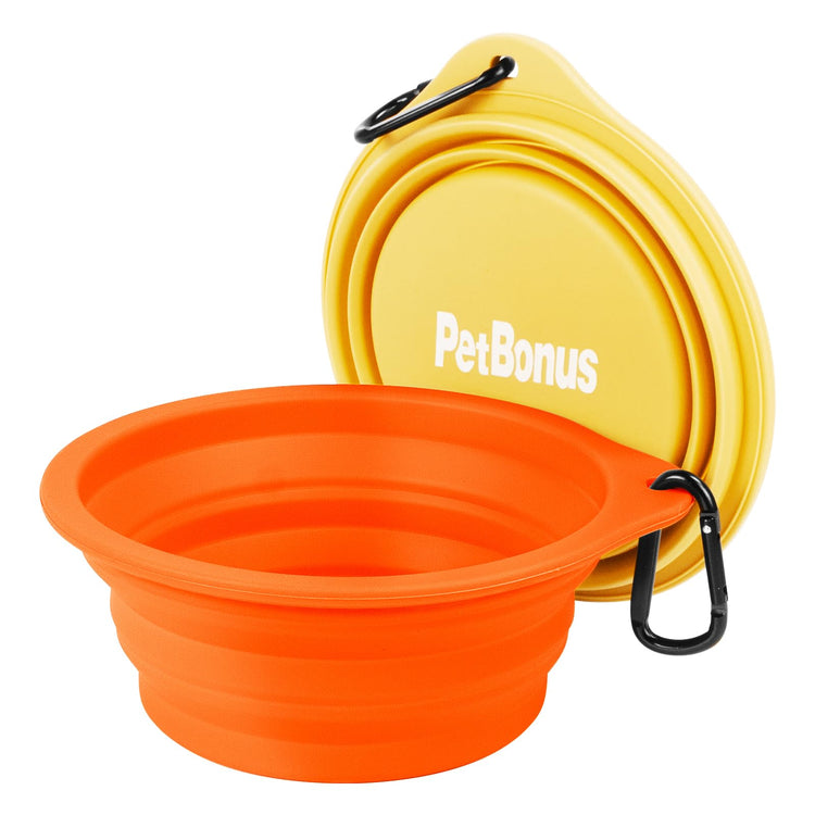 PetBonus 2-Pack Silicone Collapsible Dog Bowls, BPA Free Dishwasher Safe, Portable Foldable Expandable Travel Bowl, Food Water Feeding Cup Dish for Dogs Cats with 2 Carabiners (Turquoise, Tan)