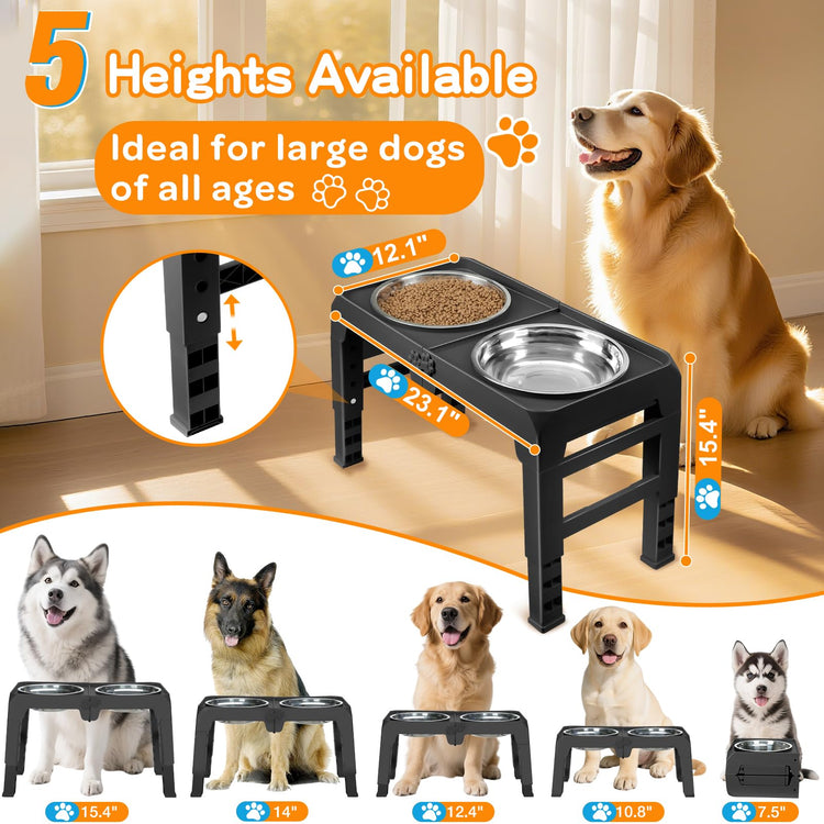 COMESOON Elevated Dog Bowls, 4 Height Adjustable Raised Bowl Stand with 2 Thick 50oz Stainless Steel Food Bowls Non-Slip Feeder Adjusts to 3.7'', 9.2'', 10.75'', 12.36'' Black, (DB-W01)