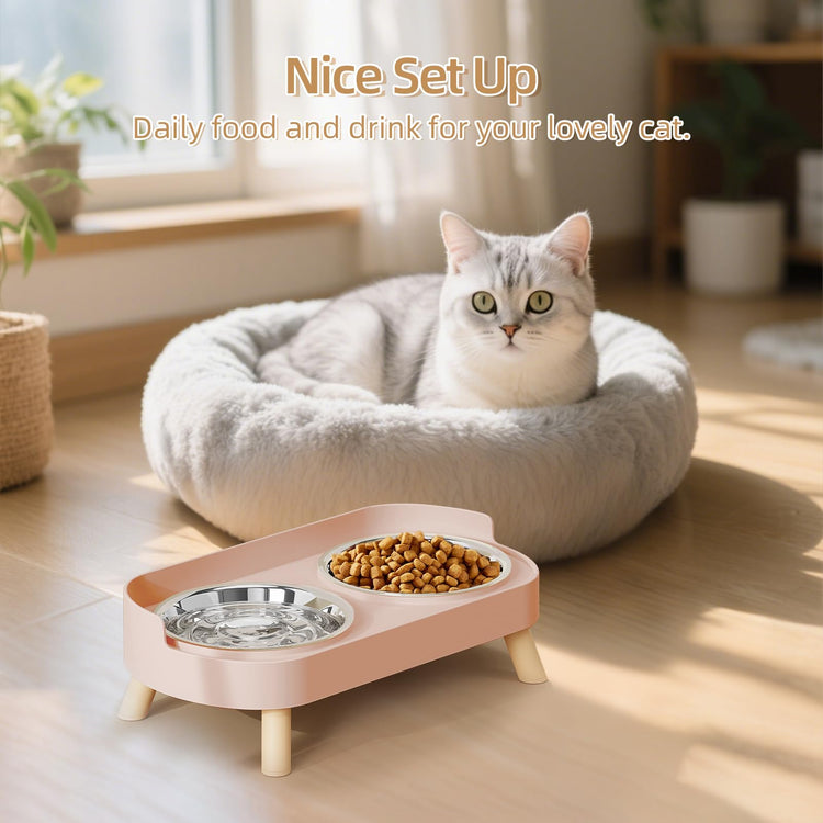 Elevated Cat Bowl, Raised Cat Food and Water Bowl Set for Indoor Cats, Splash Proof with 2 Stainless Steel Pet Food Bowls for Cats and Puppies, Whisker Fatigue and Dishwasher Safe - White
