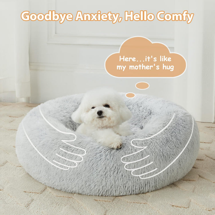 WNPETHOME Calming Dog Bed & Cat Bed, Anti-Anxiety Donut Small Dog Bed, Fluffy Faux Fur Cats Cushion Puppy Bed for Small Pets and Cats (24 x 24 inch, Light Coffee)